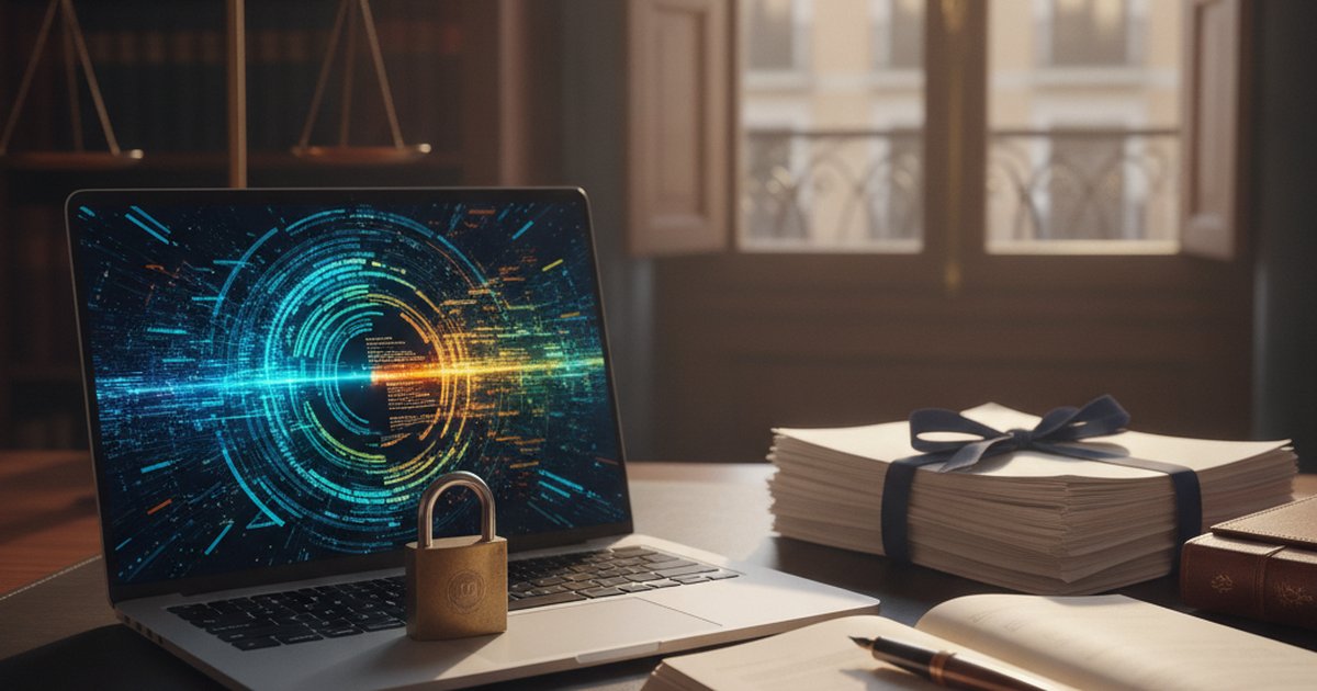 Protección legal de software: código fuente en pantalla junto a documentación jurídica